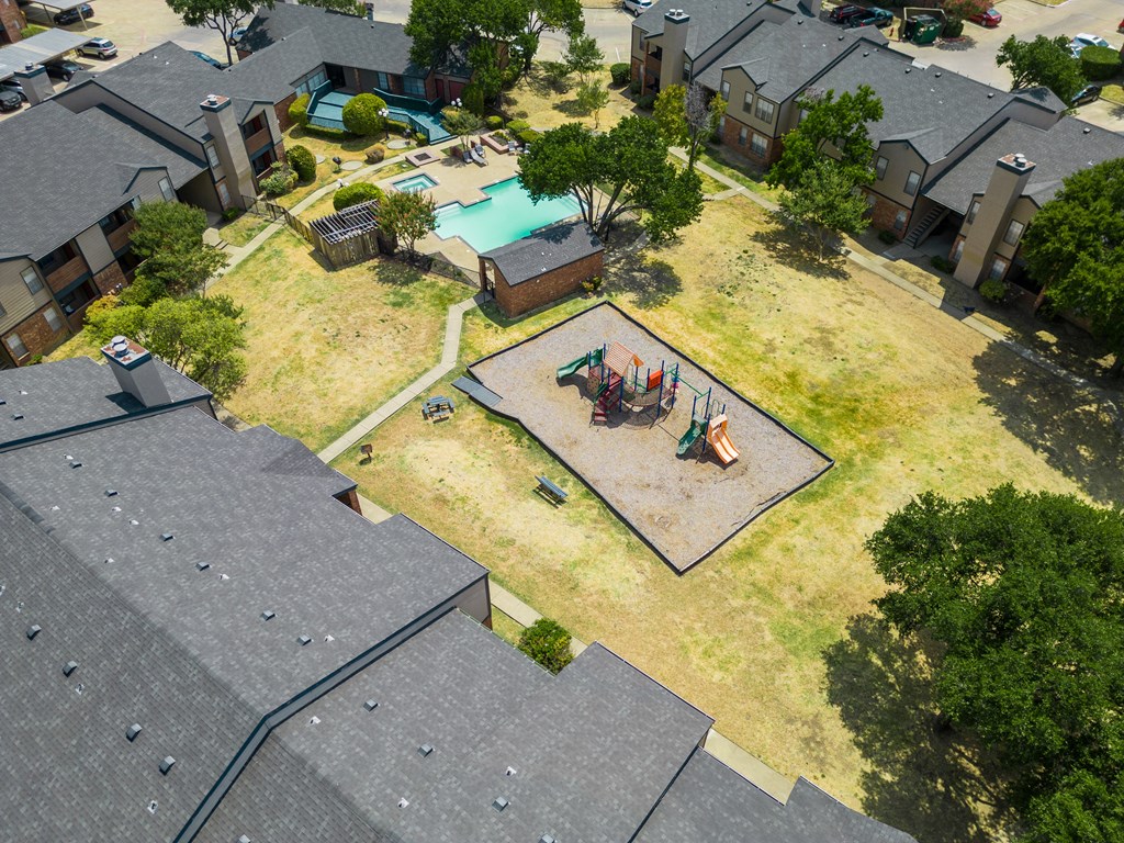 Aerial view of the property at Trinity Apartments, Irving, 75061