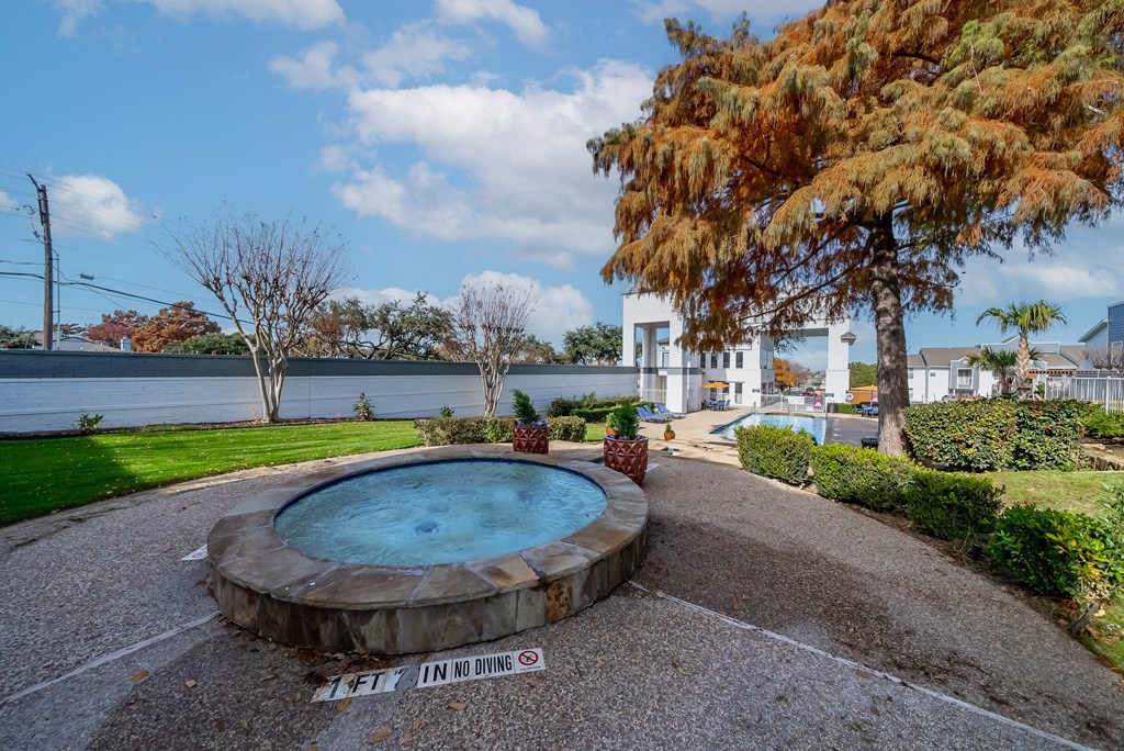 a hot tub in a park with a pool and a tree