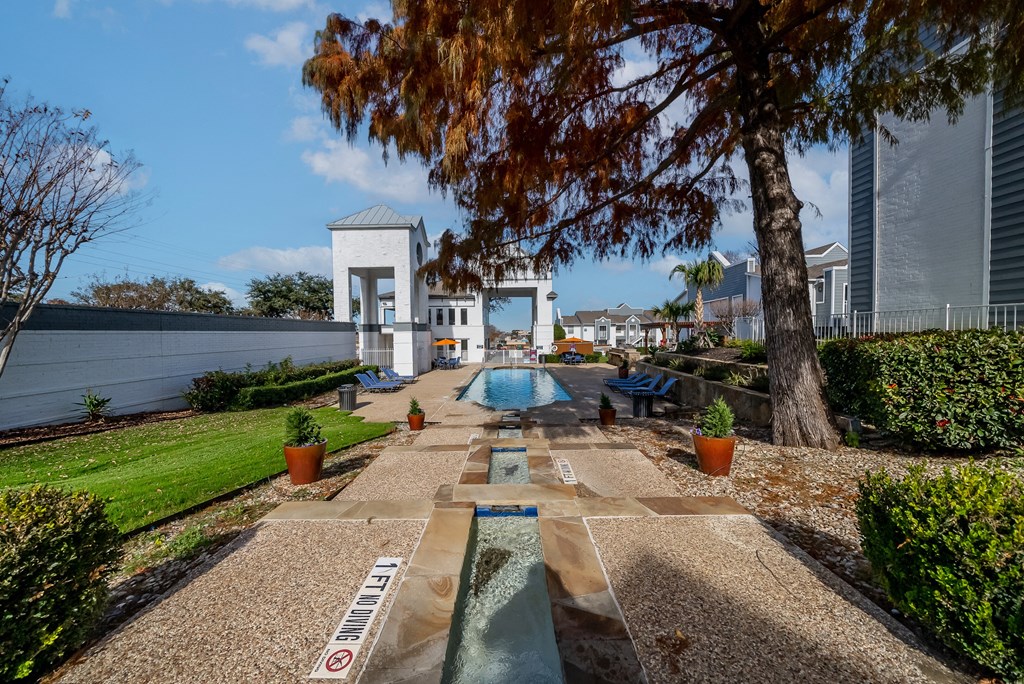 a garden with a pool and a tree in front of a building