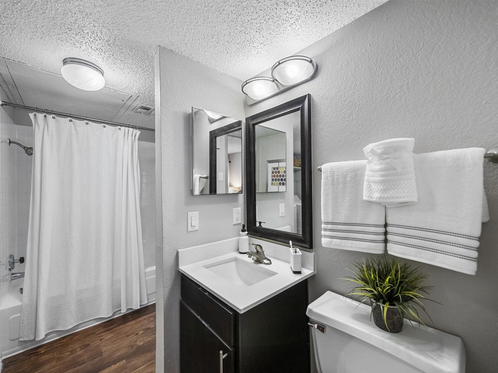 Bathroom with a sink and shower at Trinity Apartments, Irving, 75061