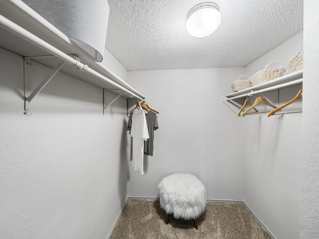 Walk in closet at Trinity Apartments, Irving, TX