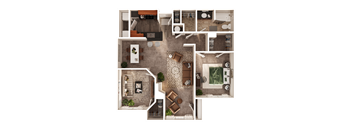 A top-down view of a house layout with a kitchen, living room, dining area, and bathroom.