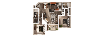 A top-down view of a house layout with various rooms and furniture.