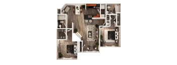 A top-down view of a house layout with a living room, kitchen, and bedrooms.