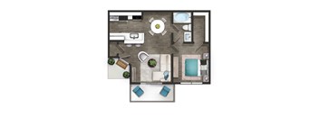 A top-down view of a house layout with a kitchen, living room, and bathroom.