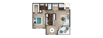 A floor plan of a small apartment with a kitchen, living room, and bathroom.