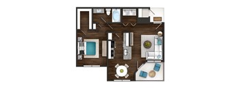 A floor plan of a small apartment with a kitchen, living room, and bathroom.