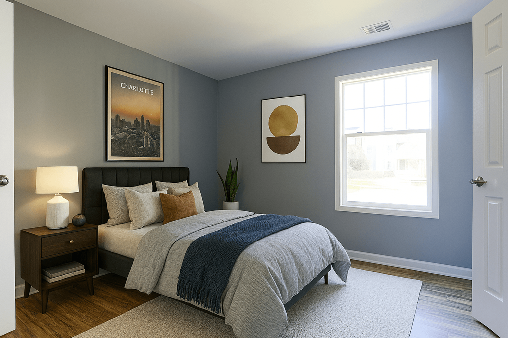 A bedroom with a bed, nightstand, and two pictures on the wall.