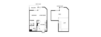 A floor plan of a two-story home with a balcony on the first floor and a loft on the second floor.