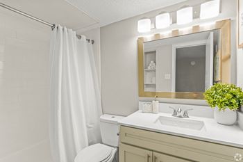 a bathroom with a shower and a sink and a mirror at District 2308, Arlington Texas?