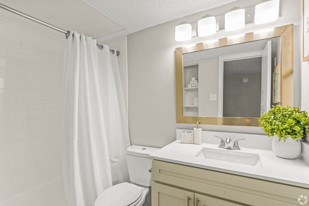 a bathroom with a shower and a sink and a mirror at District 2308, Arlington, TX 76011 ?