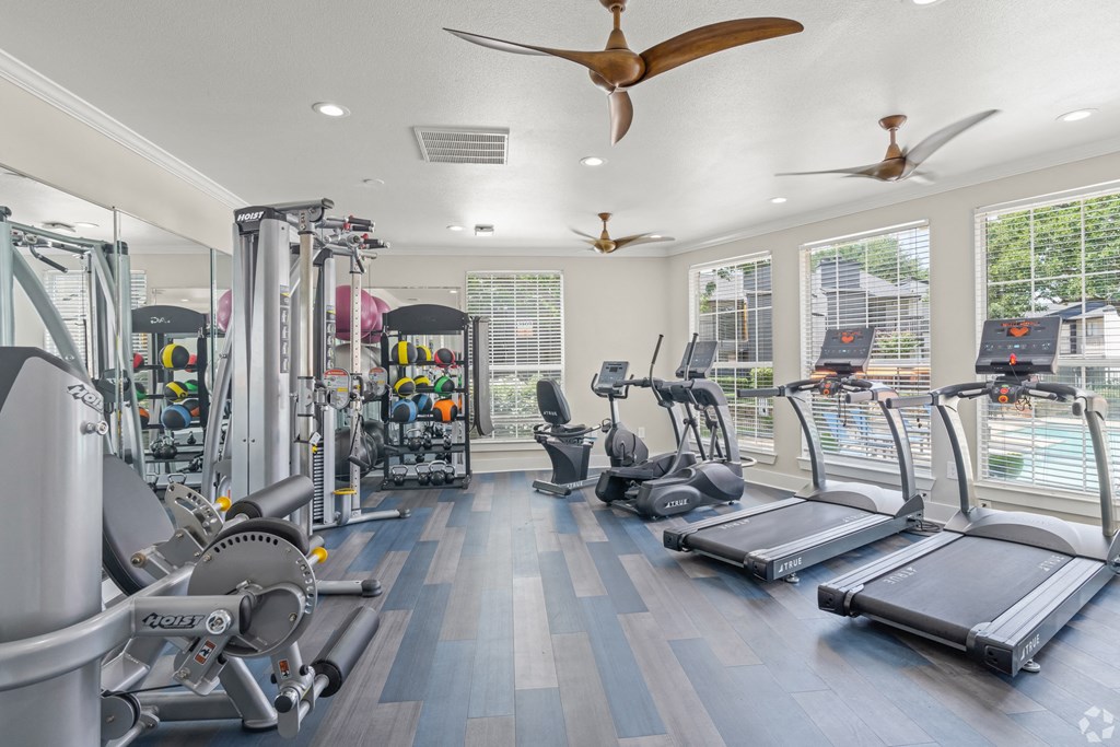 the gym has plenty of cardio equipment and windows at District 2308, Arlington, TX ?