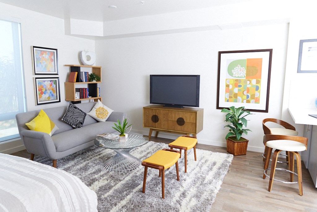 a living room with a couch and a television