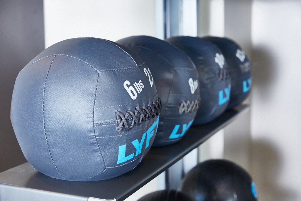 a row of boxing balls on a shelf in a gym