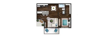 A top-down view of a room with a kitchen, living room, and bathroom.