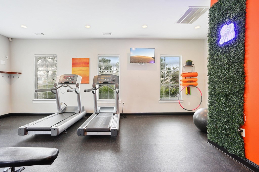A gym with treadmills and a green wall.