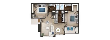A floor plan of a house with a kitchen, living room, and bathrooms.