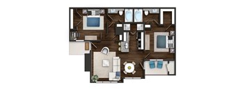A top-down view of a living room with a couch, coffee table, and television.
