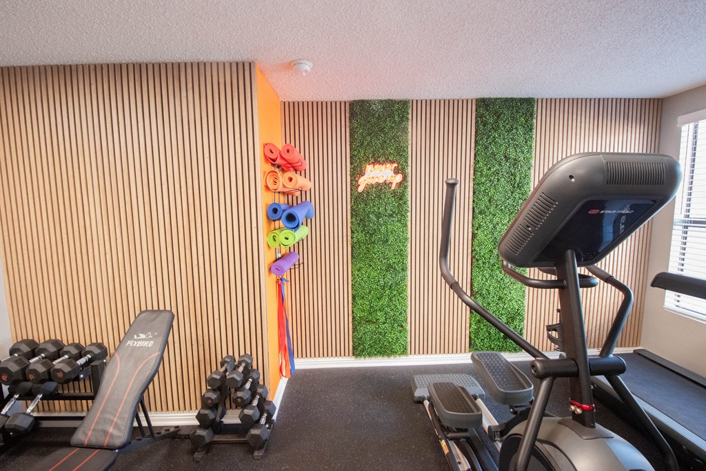 a gym with exercise equipment and grass in the wall