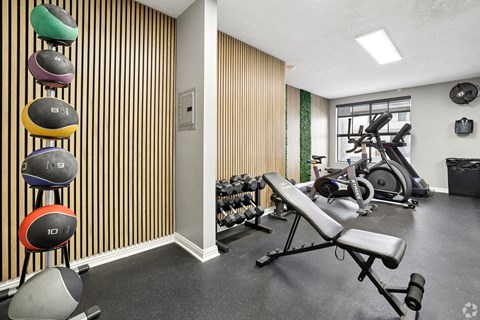 A gym with a variety of equipment including dumbbells, a bench, and a treadmill.