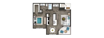 A floor plan of a small apartment with a kitchen, living room, and bathroom.