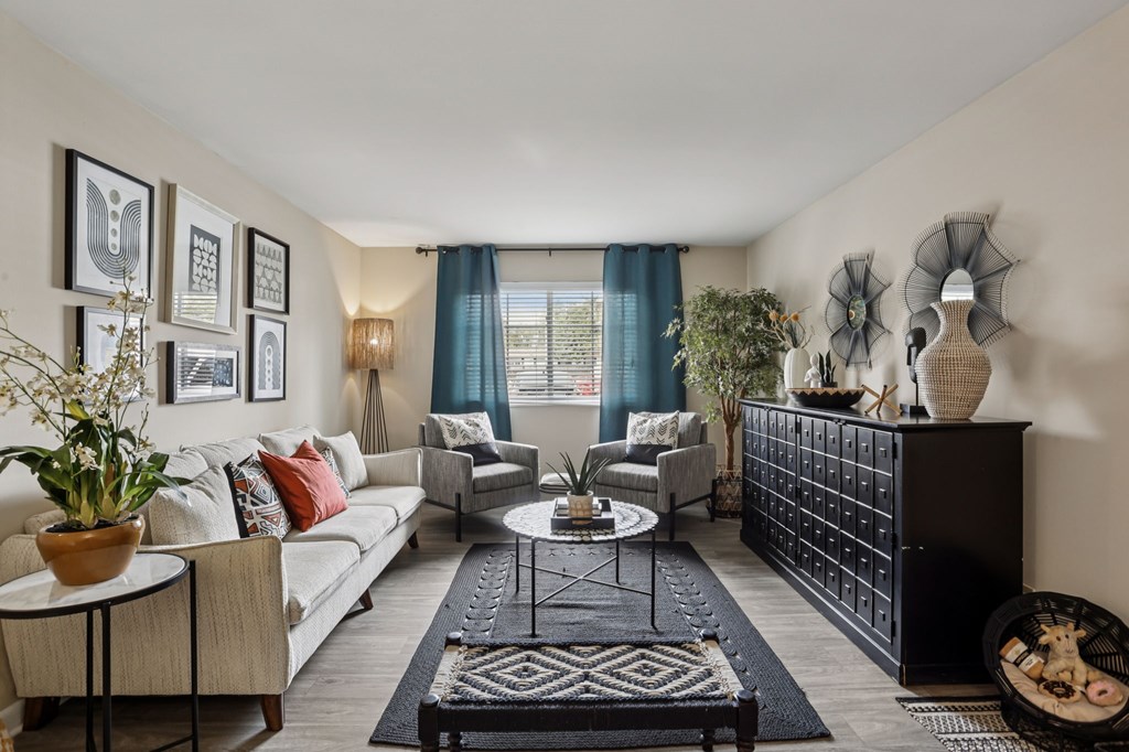 A living room with a white sofa, a coffee table, and a rug.
