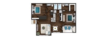 A top-down view of a room with a couch, a bed, a table, and a chair.