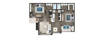 A floor plan of a house with a living room, two bedrooms, a bathroom, and a kitchen.