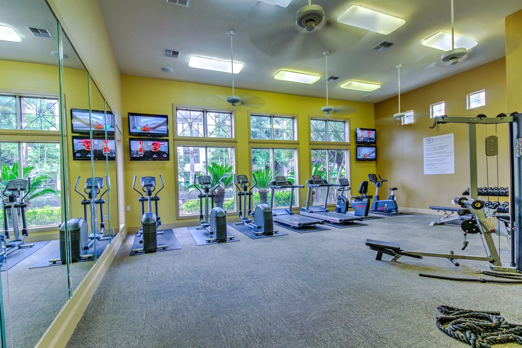 spacious gym with cardio equipment and windows at stone creek at old farm at Stone Creek at Old Farm Apartments, Houston, TX