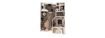 A top-down view of a small apartment with a living room, kitchen, and bathroom.