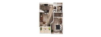 A top-down view of a living room, kitchen, and dining area.
