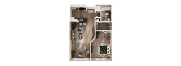 A top-down view of a house interior with a living room, kitchen, and dining area.