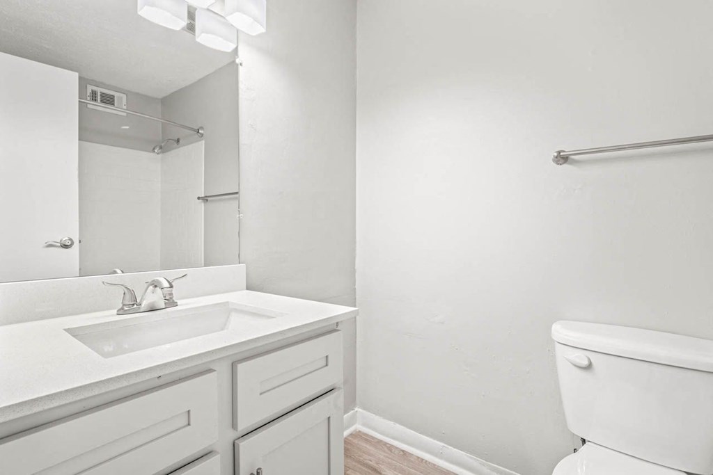 a bathroom with a sink toilet and mirror