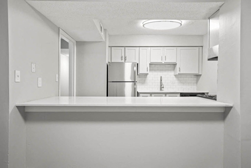 a kitchen with a counter top and a refrigerator