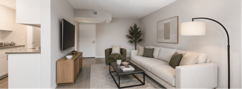 A living room with a white couch, a green armchair, a wooden cabinet, a flat-screen TV, and a floor lamp.
