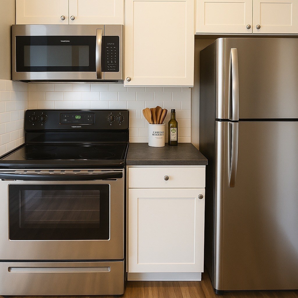 A kitchen with a black stove and oven, a silver refrigerator, and white cabinets.