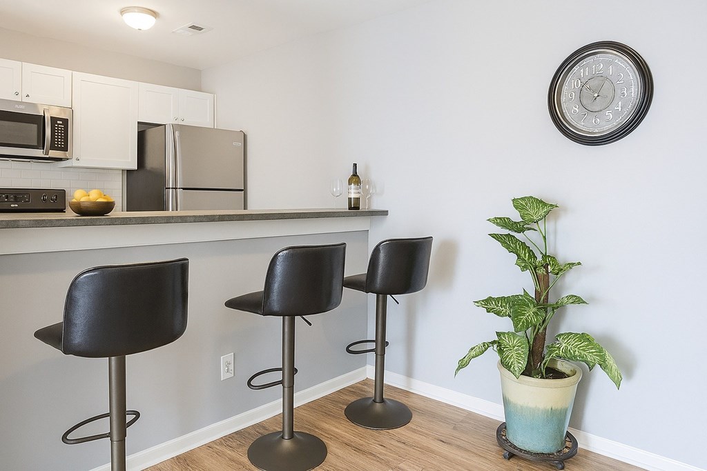 A kitchen bar with a plant and three chairs at Creekside Canopy, Charlotte