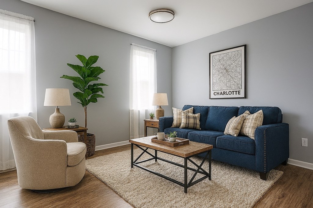 A living room with a blue couch, a chair, a coffee table, and a plant.