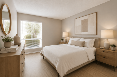 A bedroom with a large bed, a dresser, and a mirror.