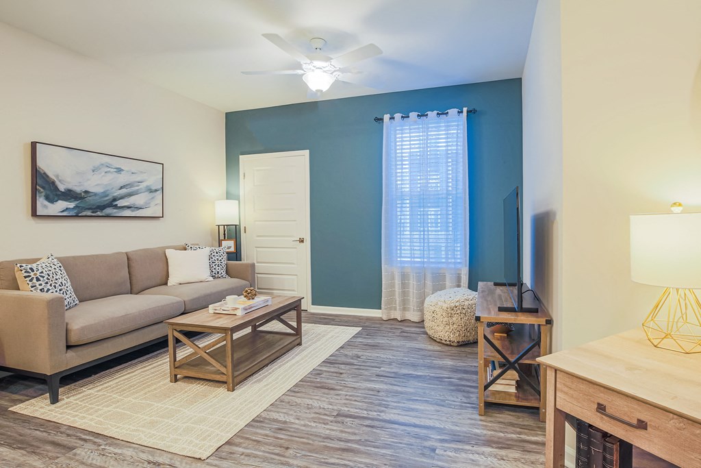 a living room with a couch and a coffee table