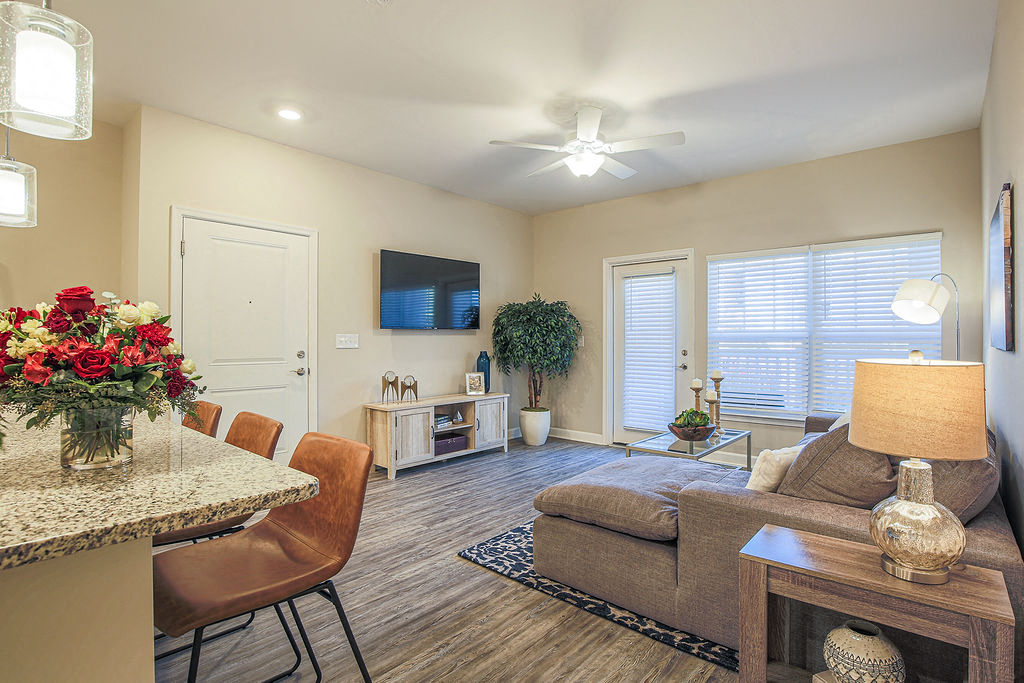 a living room with a couch and a table