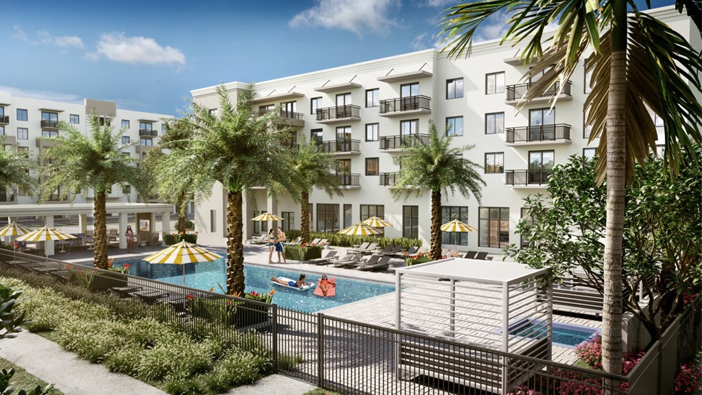 a rendering of an apartment building with a swimming pool