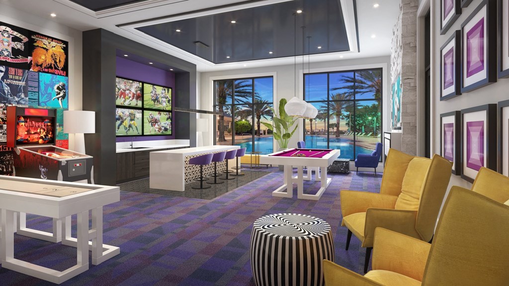 a rendering of a clubhouse with a pool table and other amenities