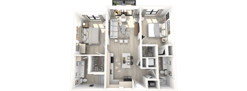 a 3d floor plan of a bedroom with a bathroom and a living room