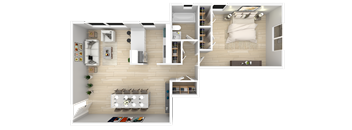 A top-down view of a modern apartment layout.