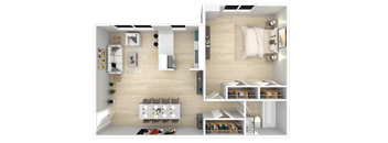 A modern apartment with a kitchen, living room, and bedroom.