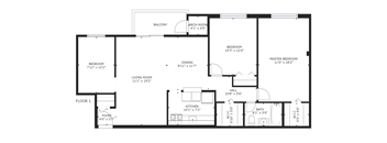A floor plan of a house with a balcony, two bedrooms, a living room, a dining room, a kitchen, a master bedroom, a bathroom, a foyer, and a hall.