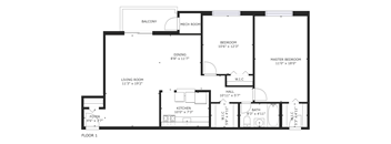 A floor plan of a home with a living room, dining room, kitchen, and two bedrooms.