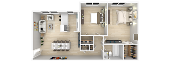 A 3D rendered image of a modern apartment layout.