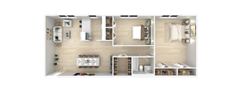 A top-down view of a modern apartment layout with a living room, kitchen, and bedroom.